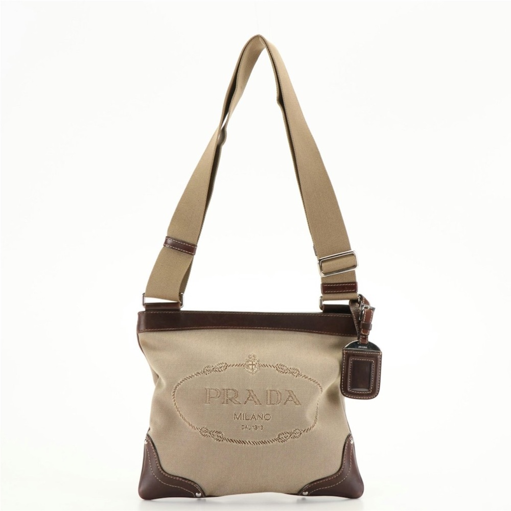 Authentic Prada Jacquard Logo Canvas with leather Messenger bag